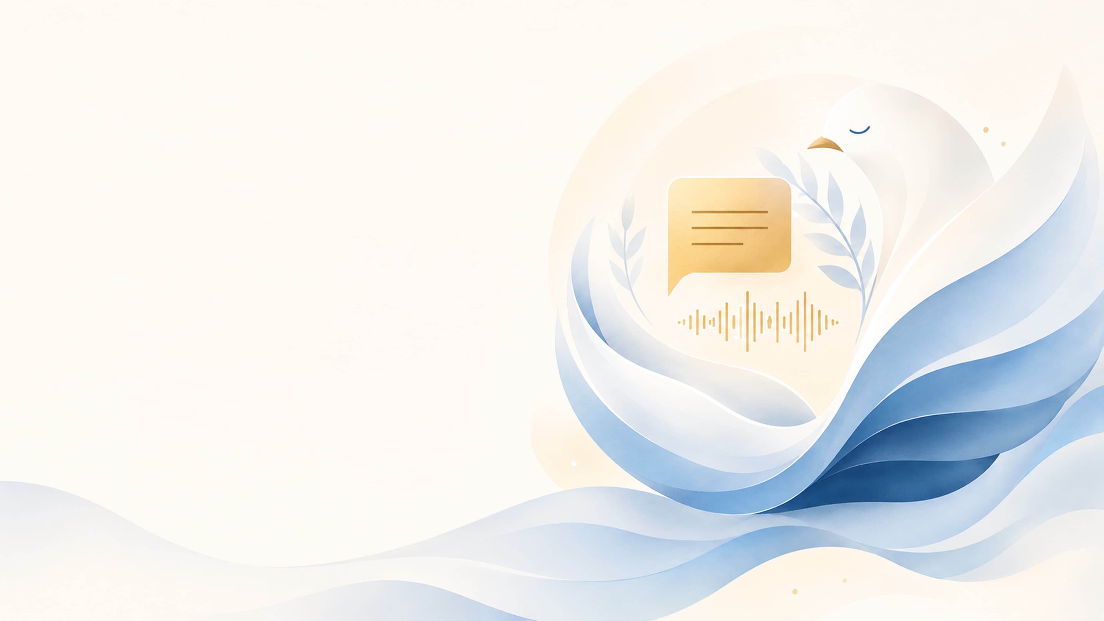 Abstract blue and gold waves surrounding a speech and audio illustration